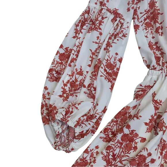 Aakaa Flowy Cream Red Floral Print Short Dress Size Small Long Sleeves - Picture 2 of 12